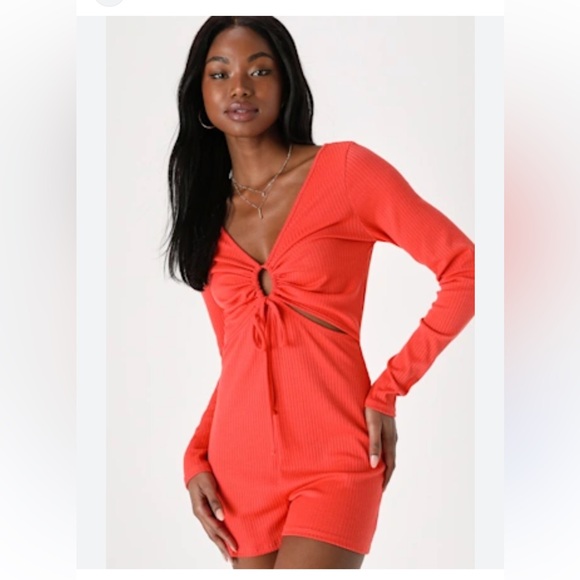 Lulus Pants - Lulu’s Dark Orange Long Sleeve Ruched Romper